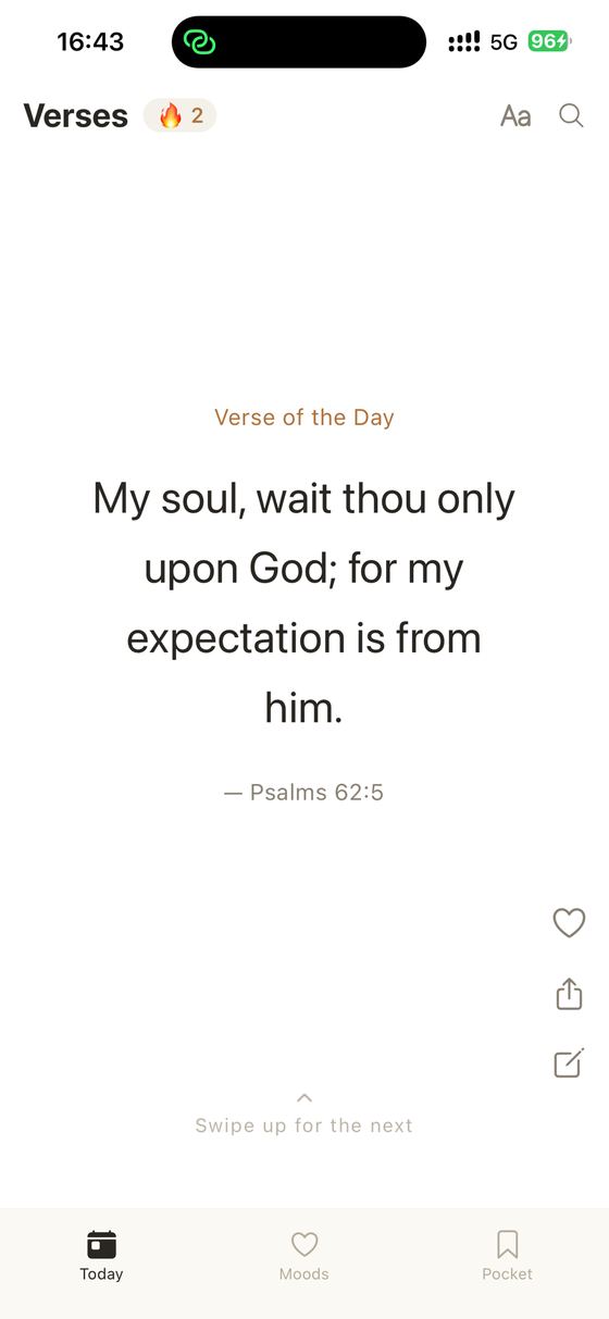 The Today screen showing the verse of the day, set large, with the reference under it.