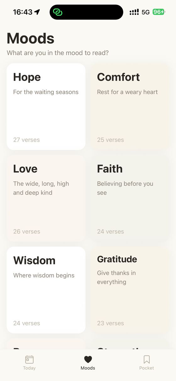 The Moods screen, offering readings for hope, comfort, love, faith, wisdom and gratitude.