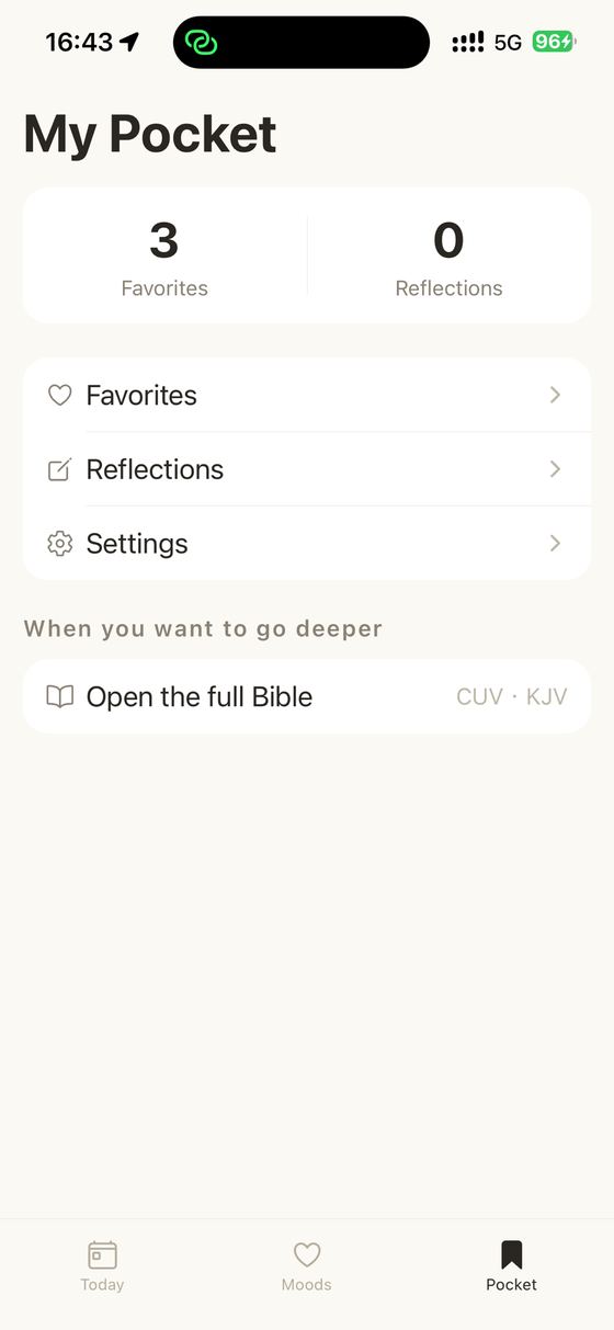 The Pocket screen with favourites, reflections and a way into the full Bible text.